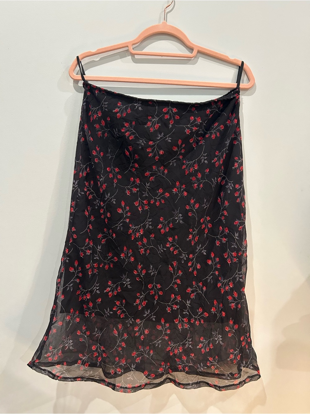 Dynamite Black Midi Skirt with Red Floral Embroidery